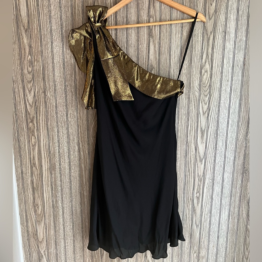 tibi Black Gold One Shoulder Gift Wrapped Bow Tie Mini Dress Festive Holiday